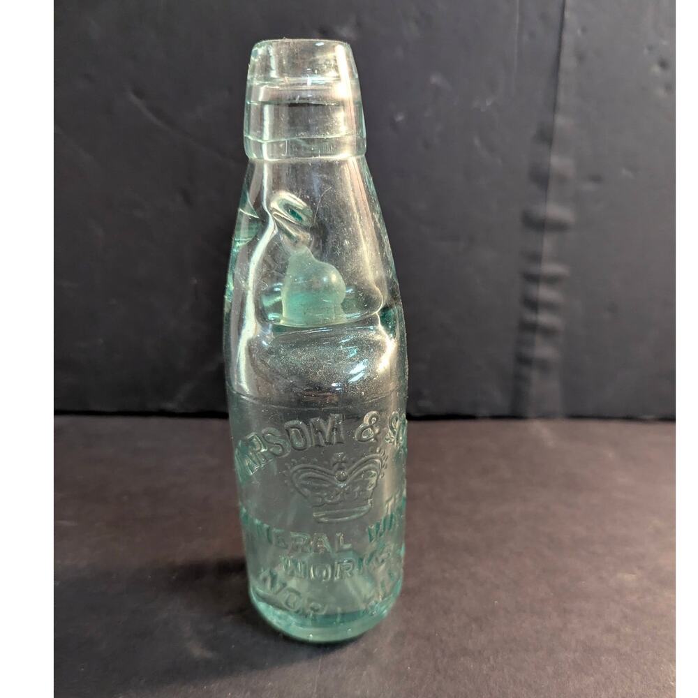 Antique Codd Neck Glass Soda Bottle Aqua Embossed Crown M&S Works Worksop